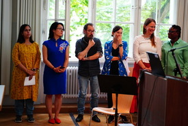 The Landhaus fellows during their presentation. From left to right: Anwesha Borthakur, Bowen Gu, Paolo Gruppuso, Karen Hudlet Vázquez, Anna Varga, and Aanuoluwapo Sunday.